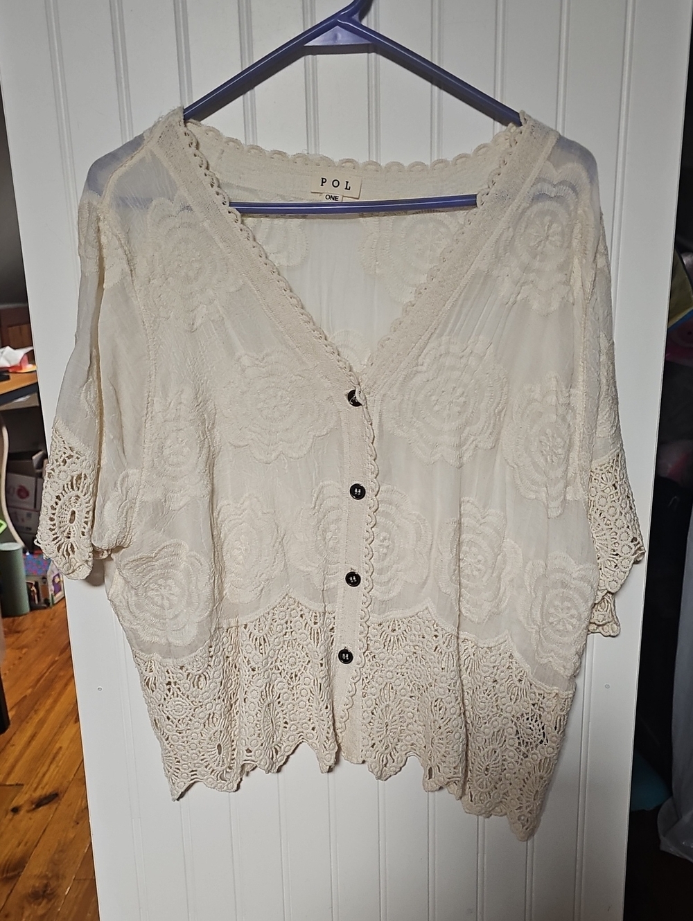 POL Cream Crochet & Lace Button-Down Blouse
